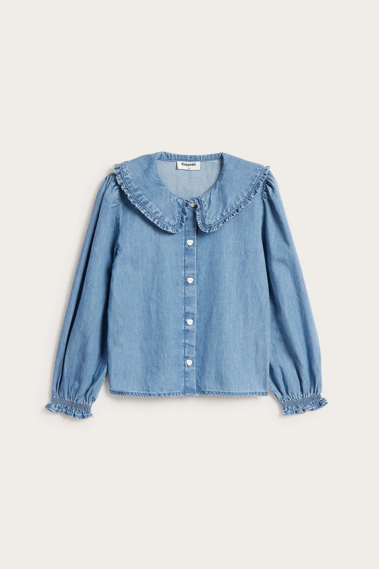 Blus med volangkrage i bomullsdenim