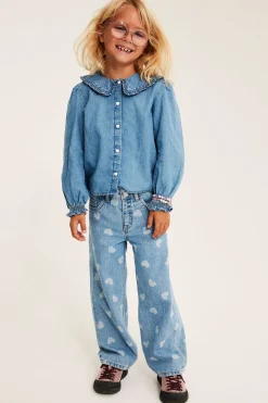 Blus med volangkrage i bomullsdenim