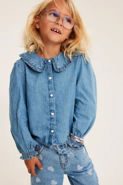 Blus med volangkrage i bomullsdenim