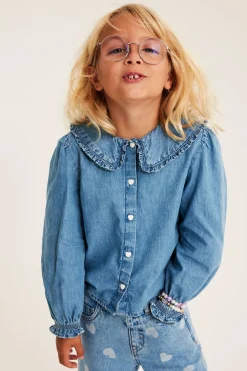 Blus med volangkrage i bomullsdenim