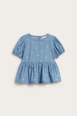 Hjärtmönstrad blus i mjuk denim