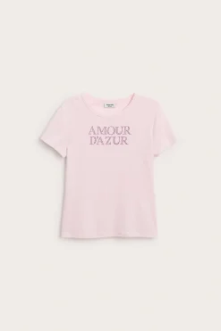 Kortärmad topp med textmotiv i strass