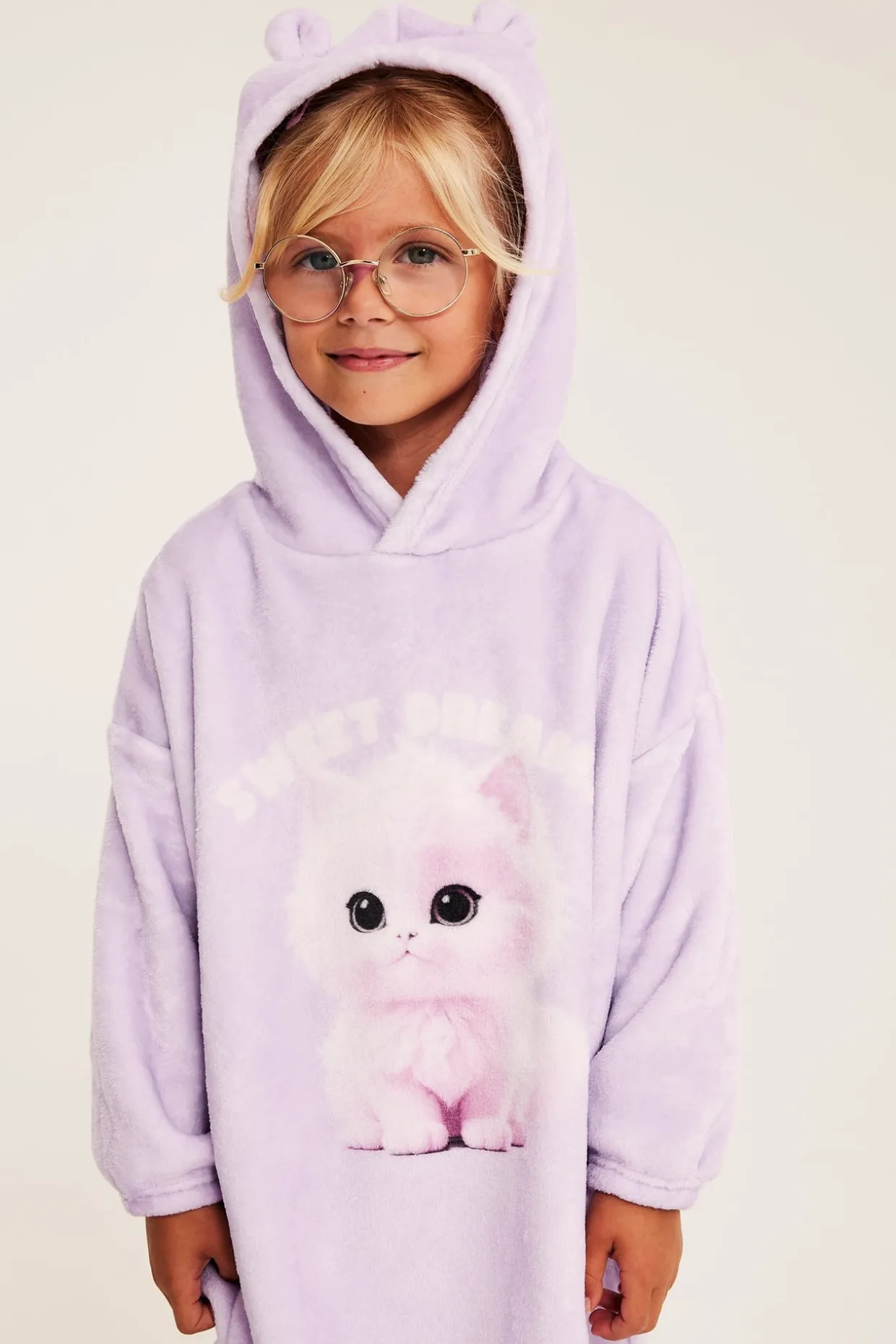 Lång fleecehoodie med kattryck