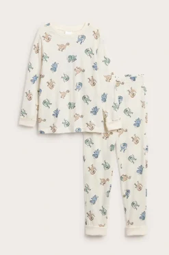 Mönstrad pyjamas i bomullstrikå med dinosauriemönster