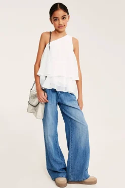 One shoulder-blus med volanger